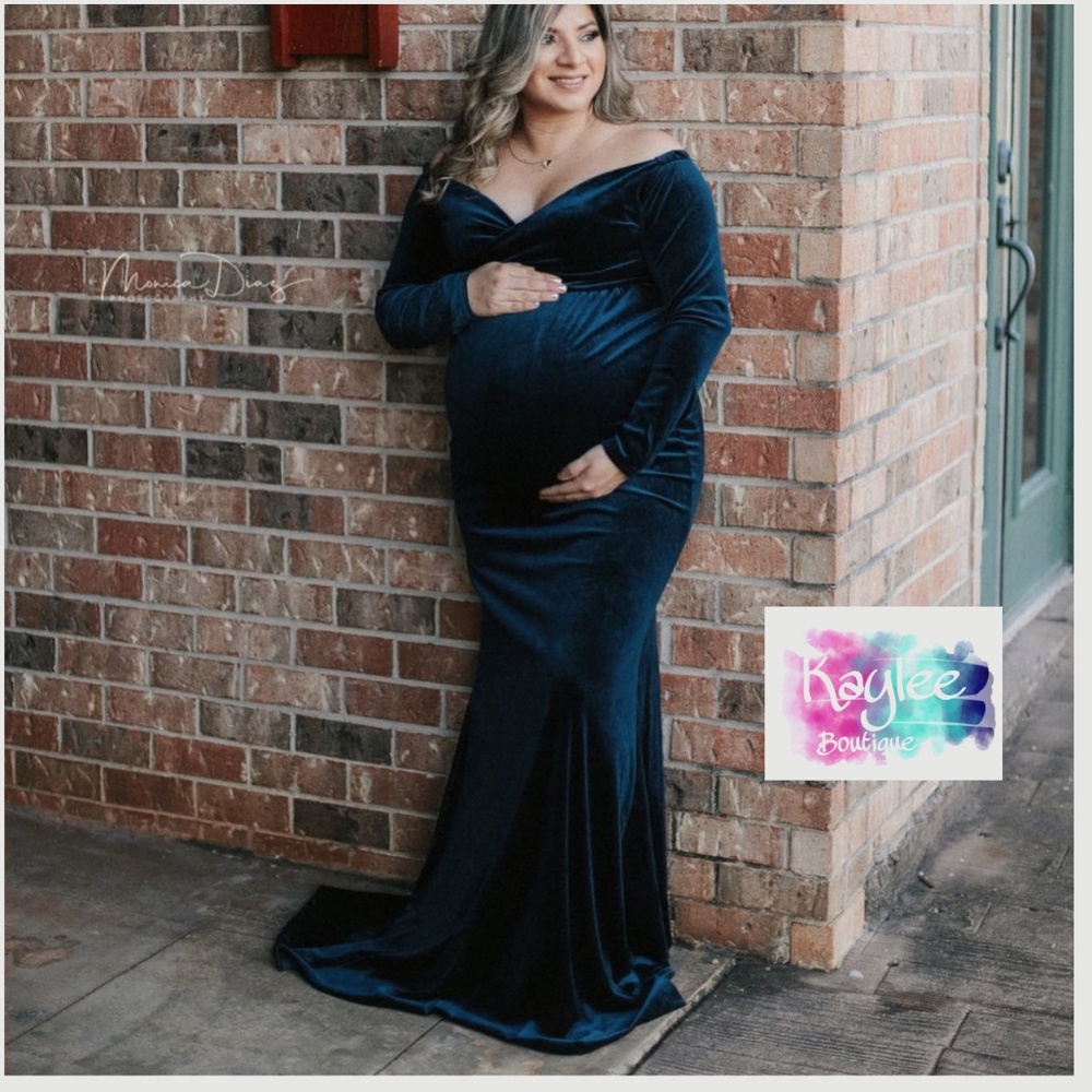 Blue Off the Shoulder Velvet Maternity Dress